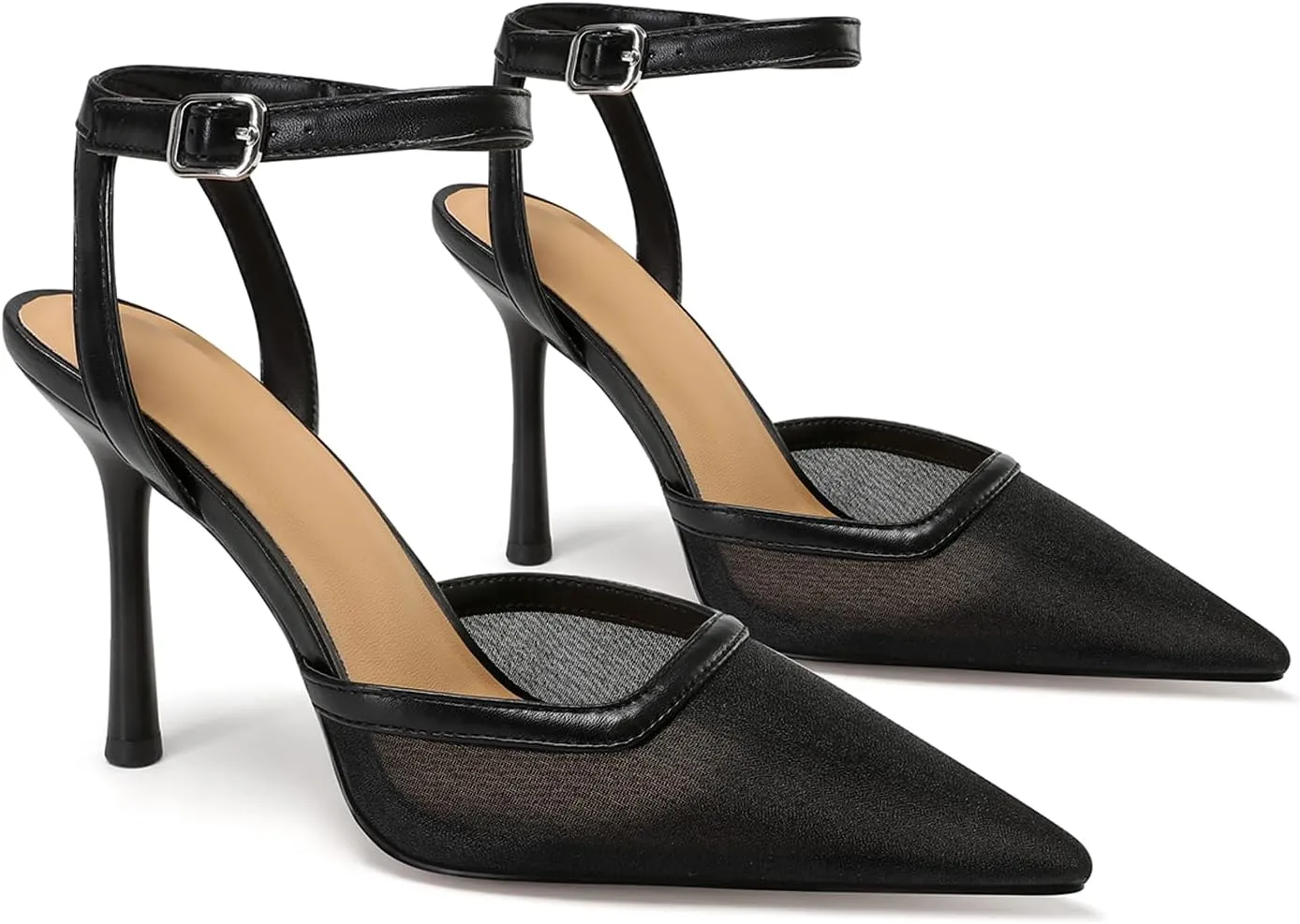 Mesh Kitten Heels for Women Pointed Closed Toe Mule Heeled Sandals Sexy Slip On Dress Pumps