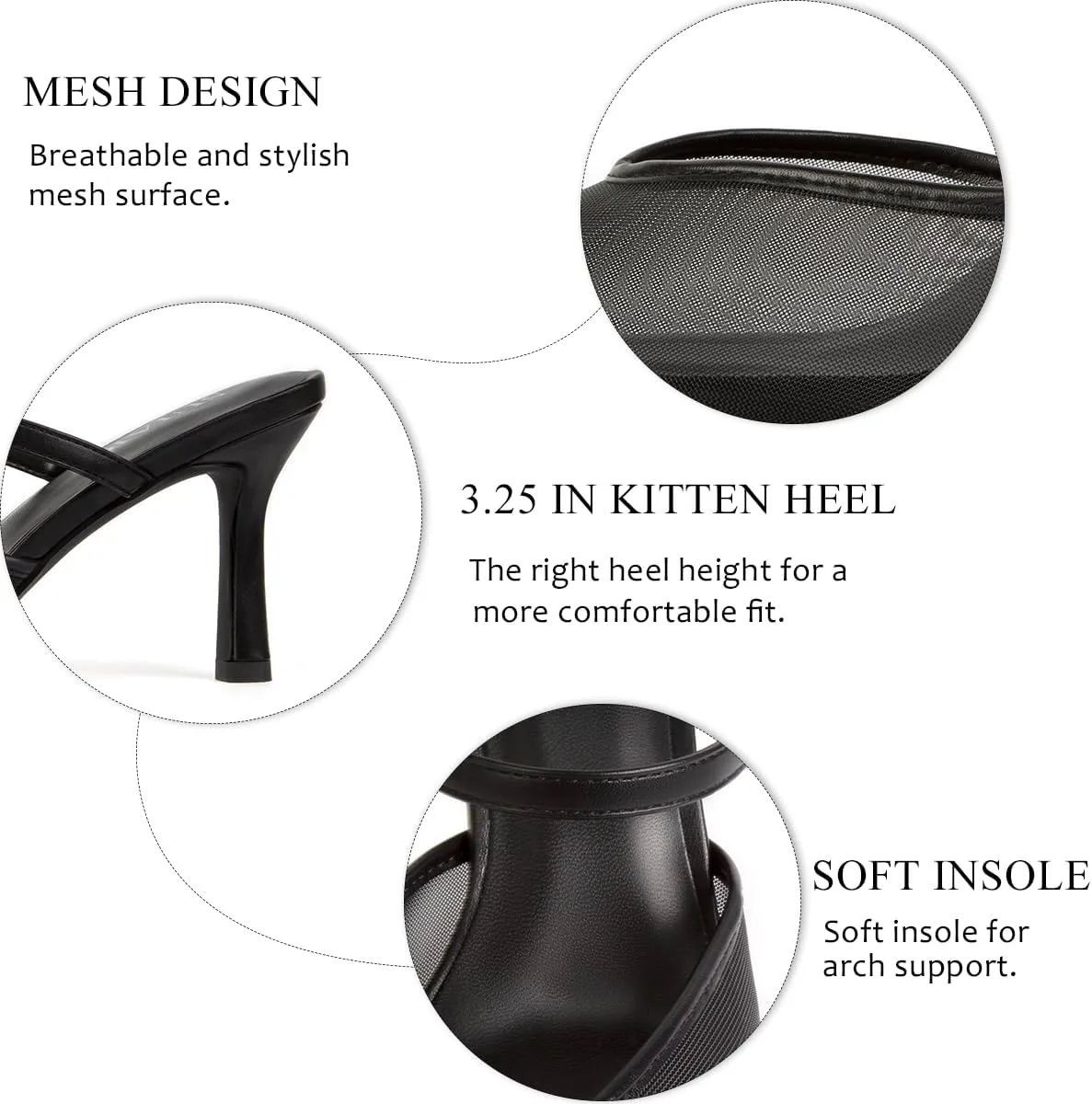 Mesh Kitten Heels for Women Pointed Closed Toe Mule Heeled Sandals Sexy Slip On Dress Pumps