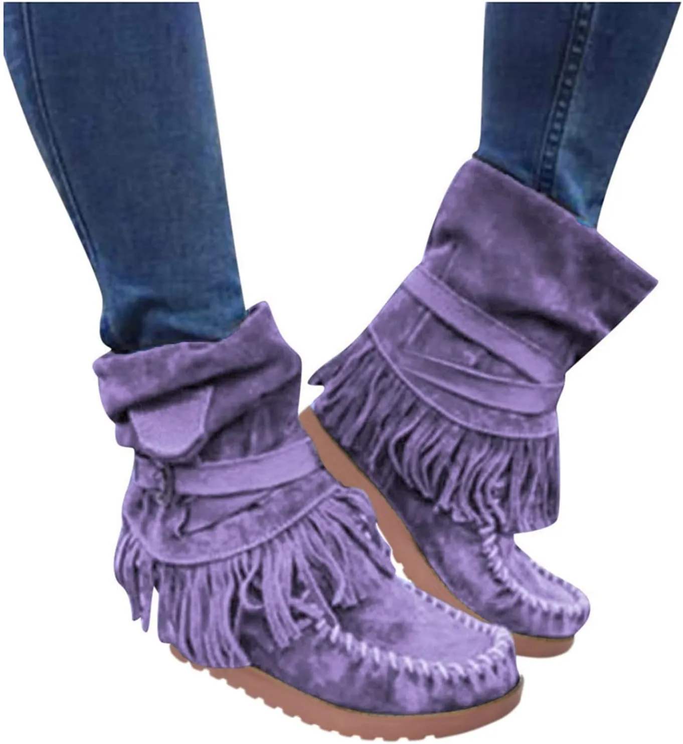 Mid Calf Boots for Women Comfortable Boots for Women Casual Fashion Round Toe Retro Short Women's Fringe Boots Comfy