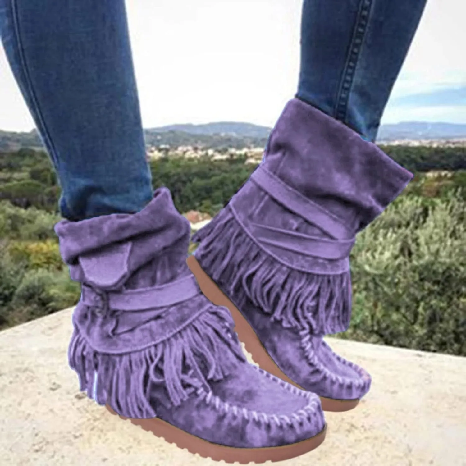 Mid Calf Boots for Women Comfortable Boots for Women Casual Fashion Round Toe Retro Short Women's Fringe Boots Comfy