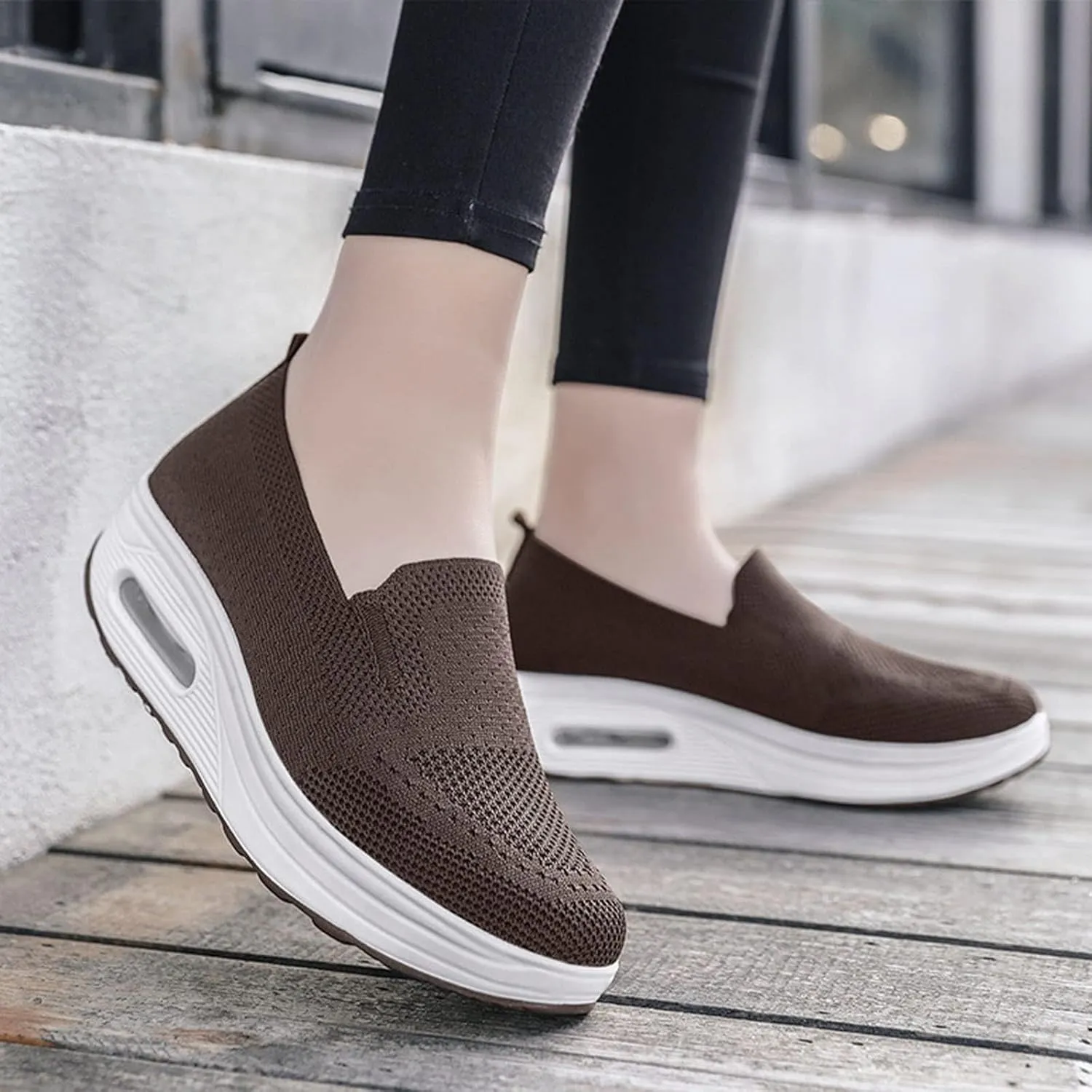 Orthopedic Sneakers for Women Slip-On Light Air Cushion Mesh Up Stretch Platform Orthopedic Sneakers Breathable Knitted Woven Low Top Walking Shoes Arch Support Non-Slip Shoe