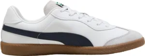 Puma King 21 Men's Indoor Soccer Shoes - Classic Style with Modern Functionality, Soft Leather Upper, Rubber Outsole for Ultimate Grip (White/Navy/Silver, US Footwear Size System, Adult, Men, Numeric, Medium, 8.5)