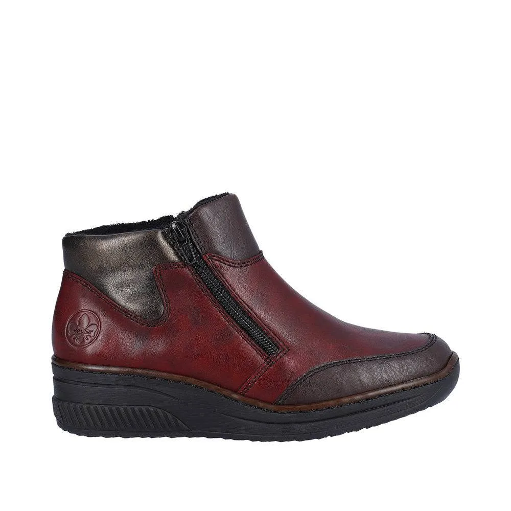 Rieker 48754-35 Ladies Red Combi Leather Twin Zip Ankle Boots