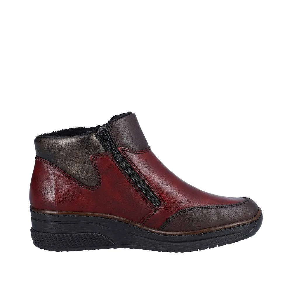 Rieker 48754-35 Ladies Red Combi Leather Twin Zip Ankle Boots