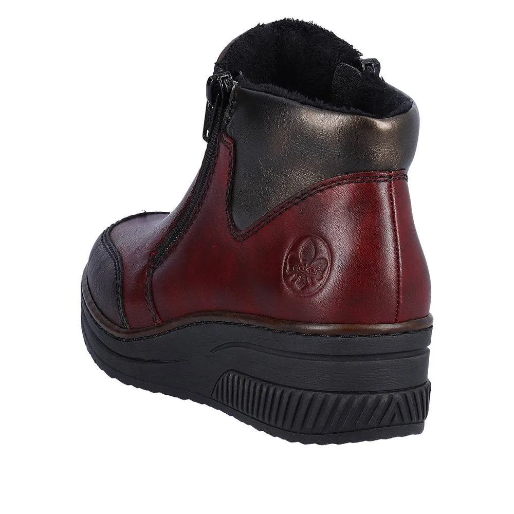Rieker 48754-35 Ladies Red Combi Leather Twin Zip Ankle Boots