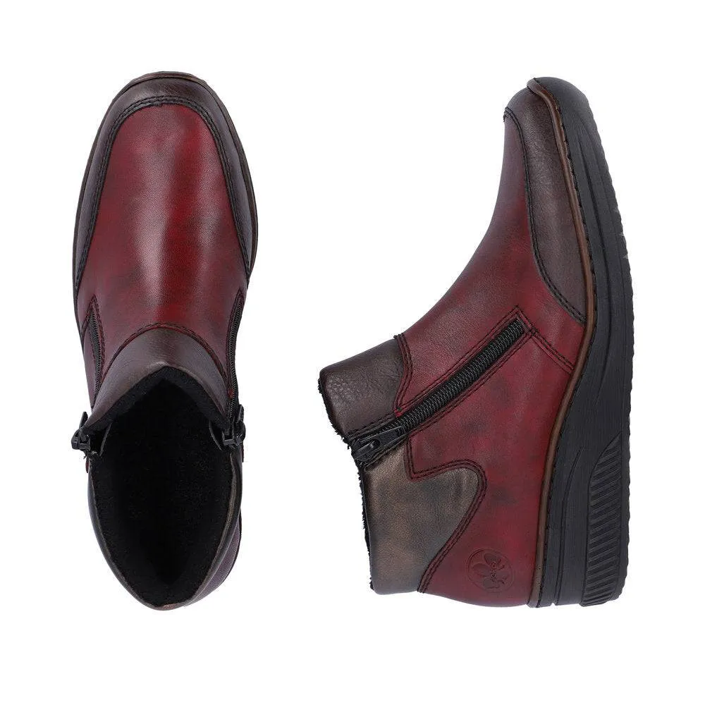 Rieker 48754-35 Ladies Red Combi Leather Twin Zip Ankle Boots