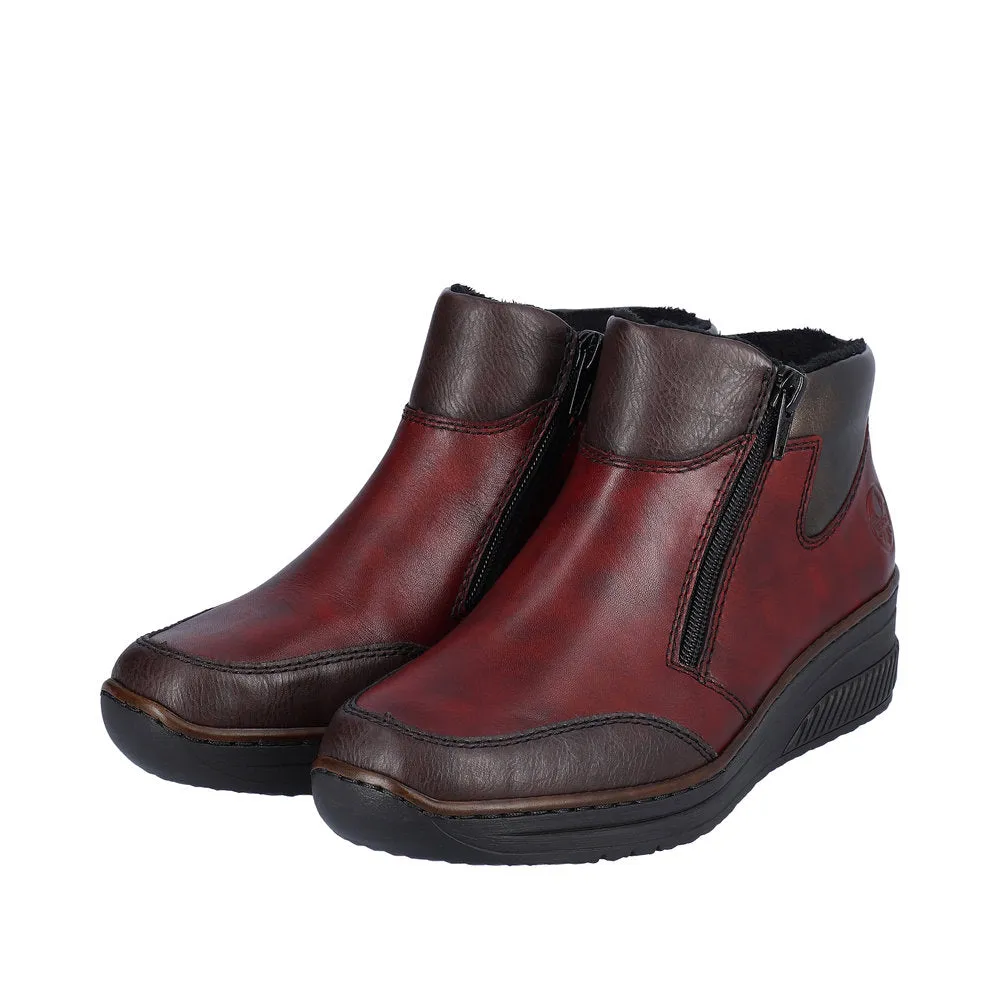 Rieker 48754-35 Ladies Red Combi Leather Twin Zip Ankle Boots