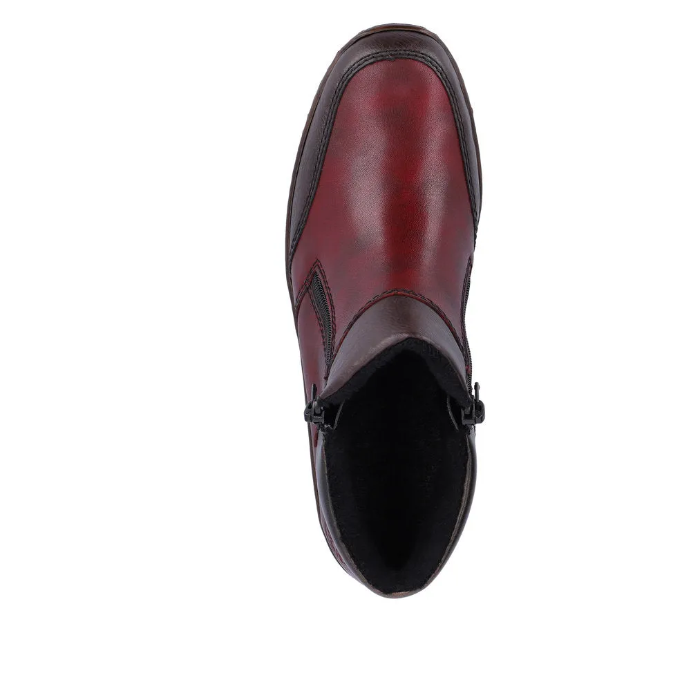 Rieker 48754-35 Ladies Red Combi Leather Twin Zip Ankle Boots