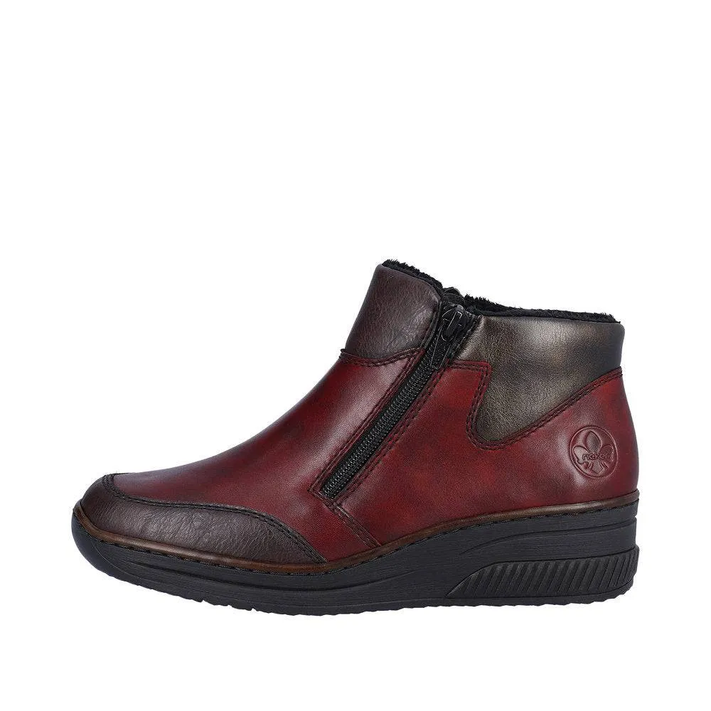Rieker 48754-35 Ladies Red Combi Leather Twin Zip Ankle Boots