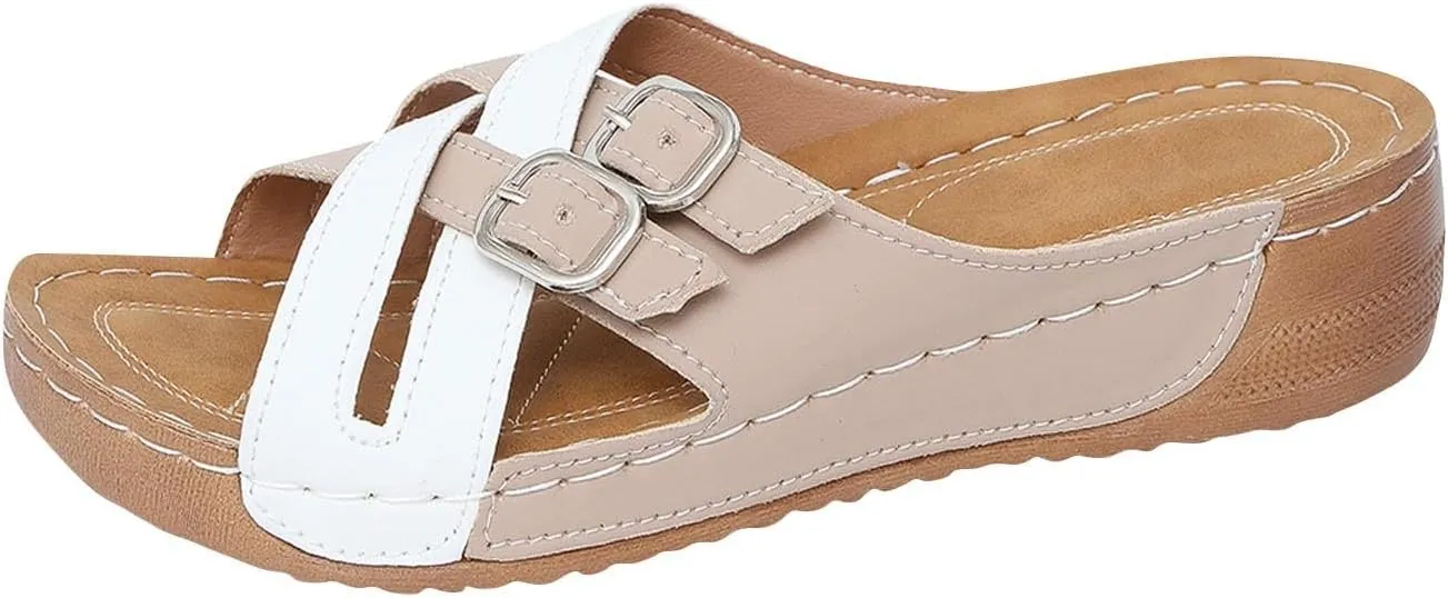 Sandals Womens Arch Support Comfortable Slip on Dressy Buckle Strap Wedge Sandal Shoes 2025 New Summer Beach Slides
