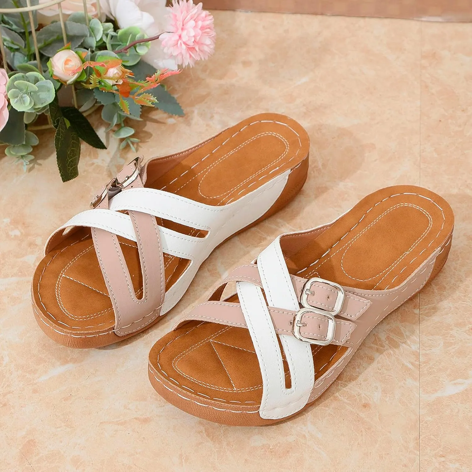 Sandals Womens Arch Support Comfortable Slip on Dressy Buckle Strap Wedge Sandal Shoes 2025 New Summer Beach Slides