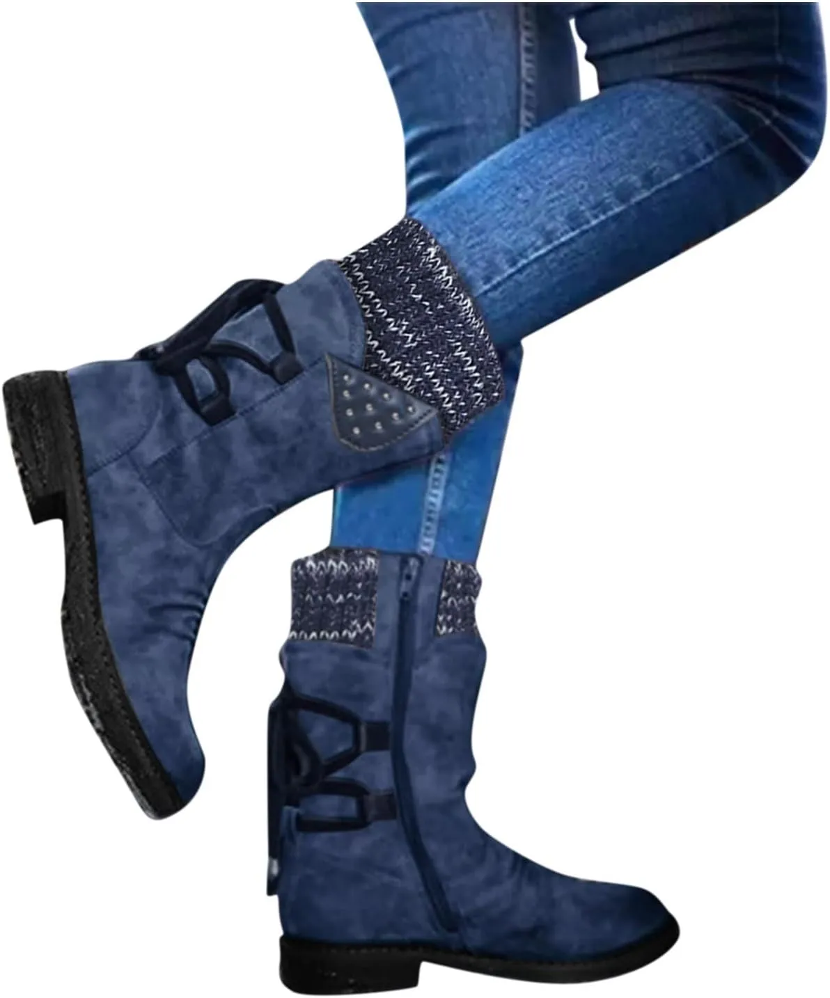 SnowBoots for Women Warm Stretch Knit Winter Shoes Lace Up Mid Calf Boots Slouchy Suede Boots Non Slip Hiking Boots