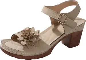 SuanlaTDS Chunky Block Heels Sandals for Women Summer 2025 Flower Open Toe Buckle Ankle Strap Platform Arch Support Comfortable Outdoor Walking Shoes Low Heeled Sandal for Daily Wear