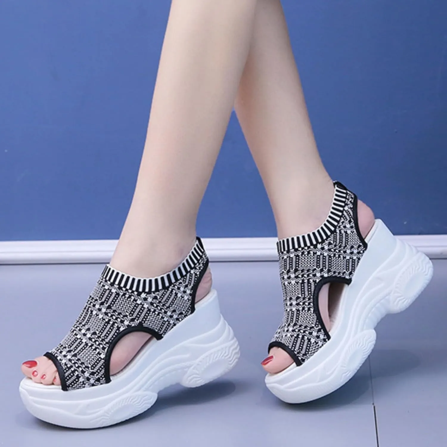 Thick Soled Sandals For Women Summer Mesh Breathable Fish Mouth Sloping Heel Sandals For Sports And Hiking Necessities