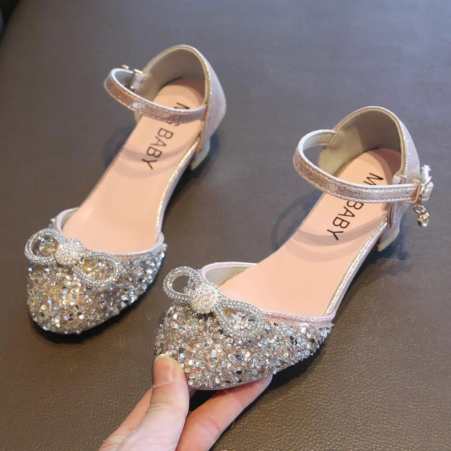 Toddler Girls Dress Shoes Flower Pearls Shoes Mary Jane Shoes Bowknot Ballerina Dance Shoes Crystal Princess Shoes
