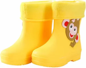 Unisex Child Walking Shoes Fleece Lined Waterproof Rain Boots Cute Cartoon Lightweight Toddler Rubber Boots Winter