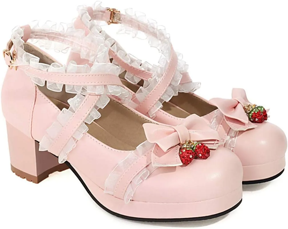 VOKLIN Women's Girls Lolita Mary Jane Shoes Sweet Bow Cross Ankle Strap Mid Heel Cosplay Oxford Dress Pumps