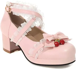 VOKLIN Women's Girls Lolita Mary Jane Shoes Sweet Bow Cross Ankle Strap Mid Heel Cosplay Oxford Dress Pumps
