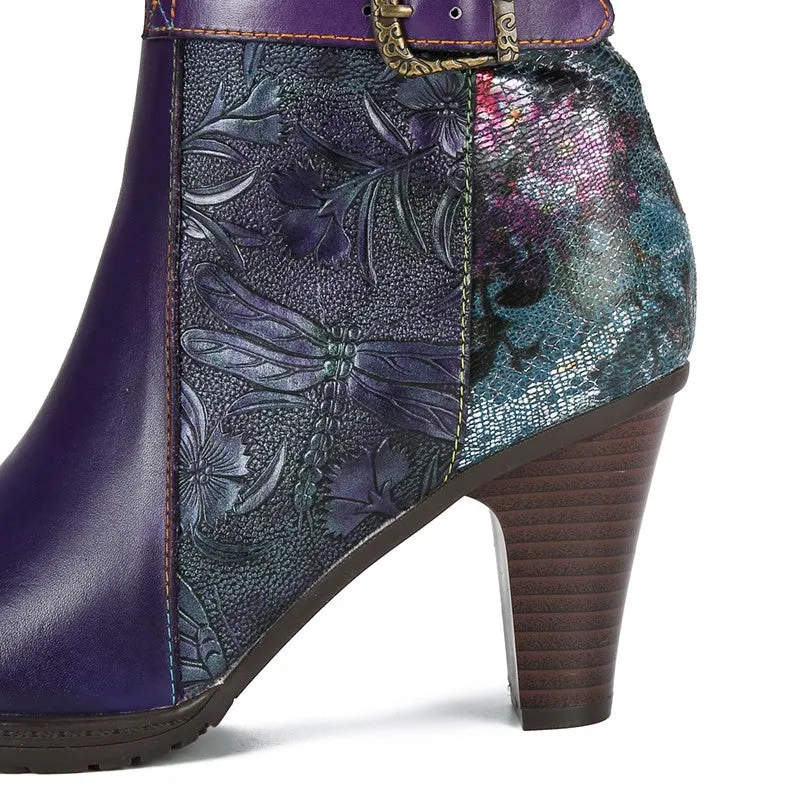 Warm Handmade Embossed Real Leather Dragonfly Boots