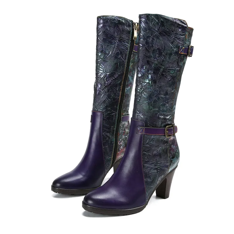 Warm Handmade Embossed Real Leather Dragonfly Boots
