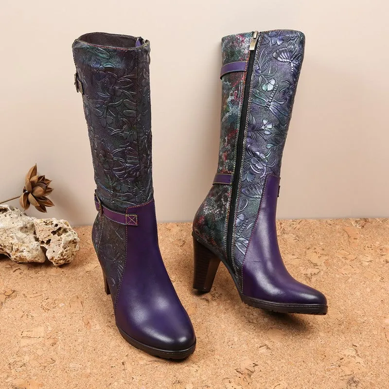 Warm Handmade Embossed Real Leather Dragonfly Boots