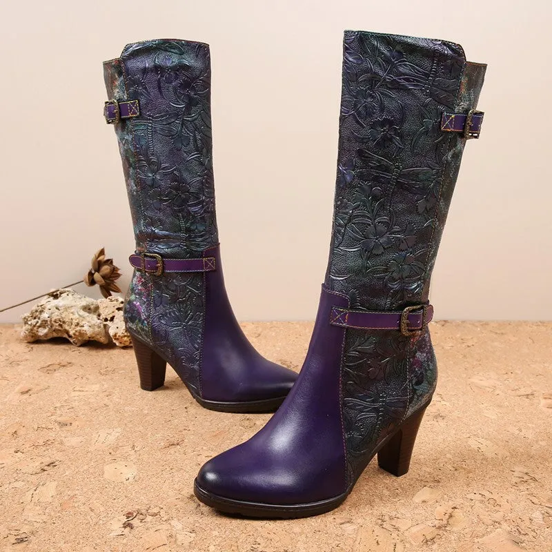 Warm Handmade Embossed Real Leather Dragonfly Boots