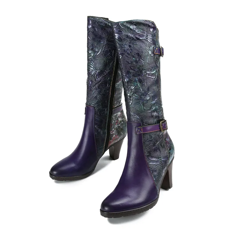 Warm Handmade Embossed Real Leather Dragonfly Boots
