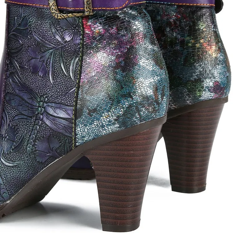 Warm Handmade Embossed Real Leather Dragonfly Boots
