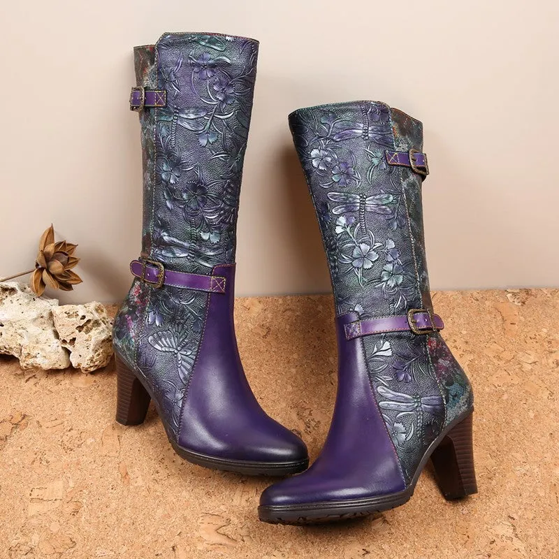 Warm Handmade Embossed Real Leather Dragonfly Boots