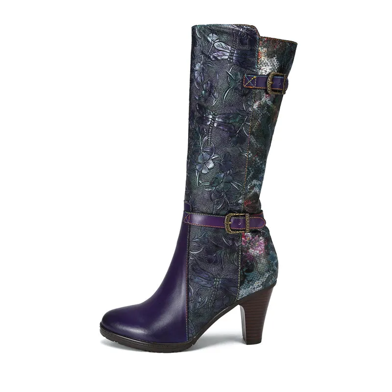 Warm Handmade Embossed Real Leather Dragonfly Boots