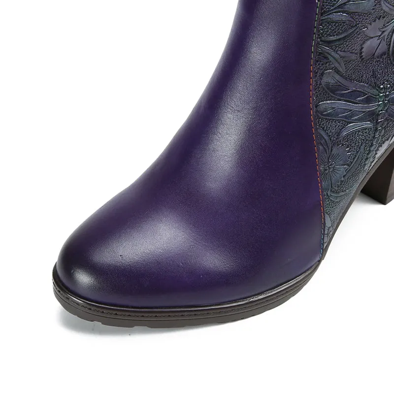 Warm Handmade Embossed Real Leather Dragonfly Boots