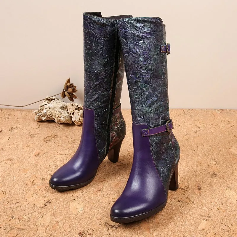 Warm Handmade Embossed Real Leather Dragonfly Boots
