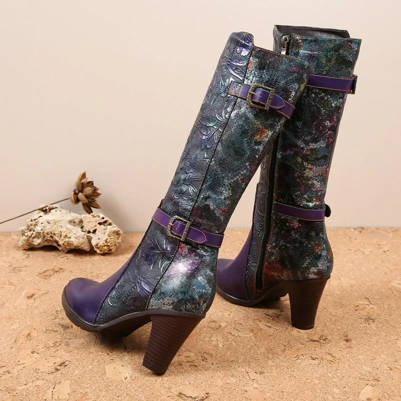 Warm Handmade Embossed Real Leather Dragonfly Boots