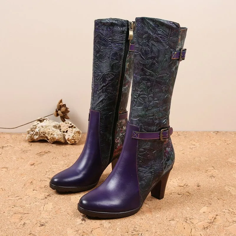 Warm Handmade Embossed Real Leather Dragonfly Boots