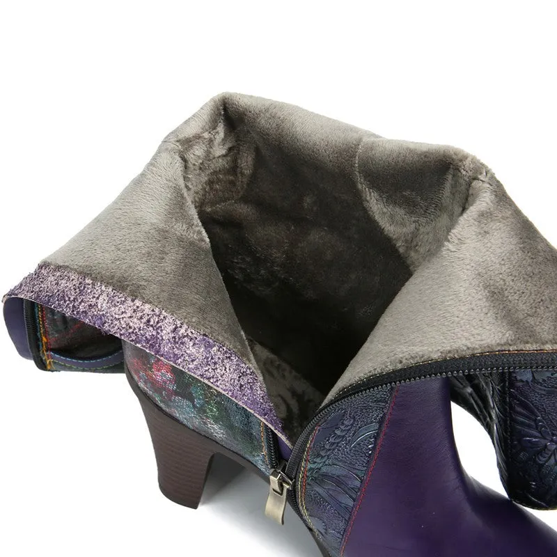 Warm Handmade Embossed Real Leather Dragonfly Boots