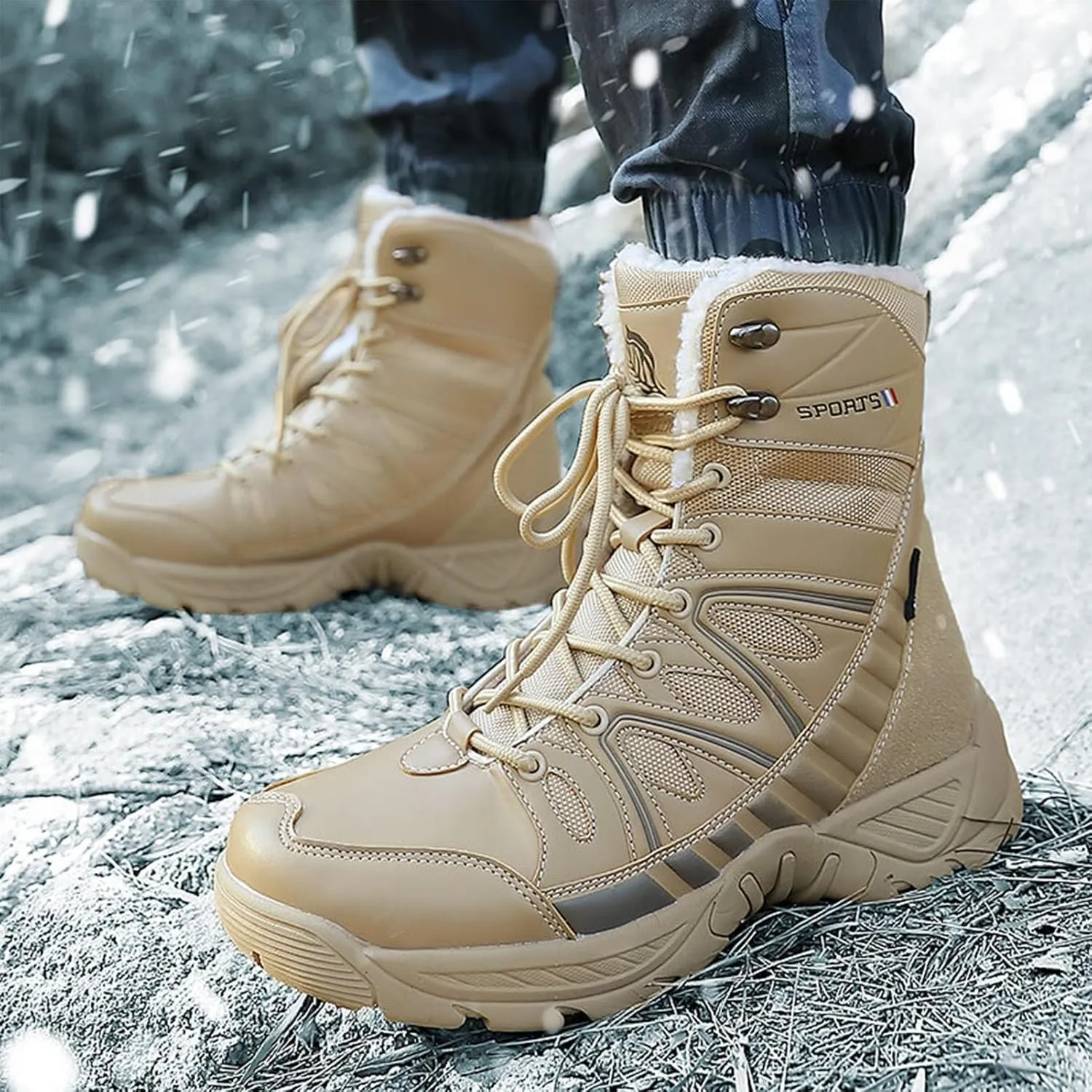 Winter Plush Warm Snow Tactical Combat Boots, Waterproof Anti-Slip High-Top Hiking Shoes, Military Leather Work Boots