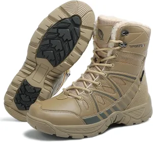 Winter Plush Warm Snow Tactical Combat Boots, Waterproof Anti-Slip High-Top Hiking Shoes, Military Leather Work Boots