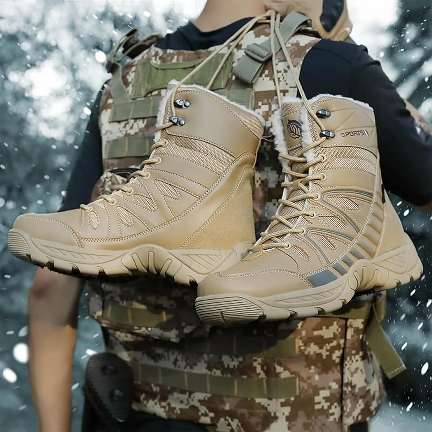 Winter Plush Warm Snow Tactical Combat Boots, Waterproof Anti-Slip High-Top Hiking Shoes, Military Leather Work Boots