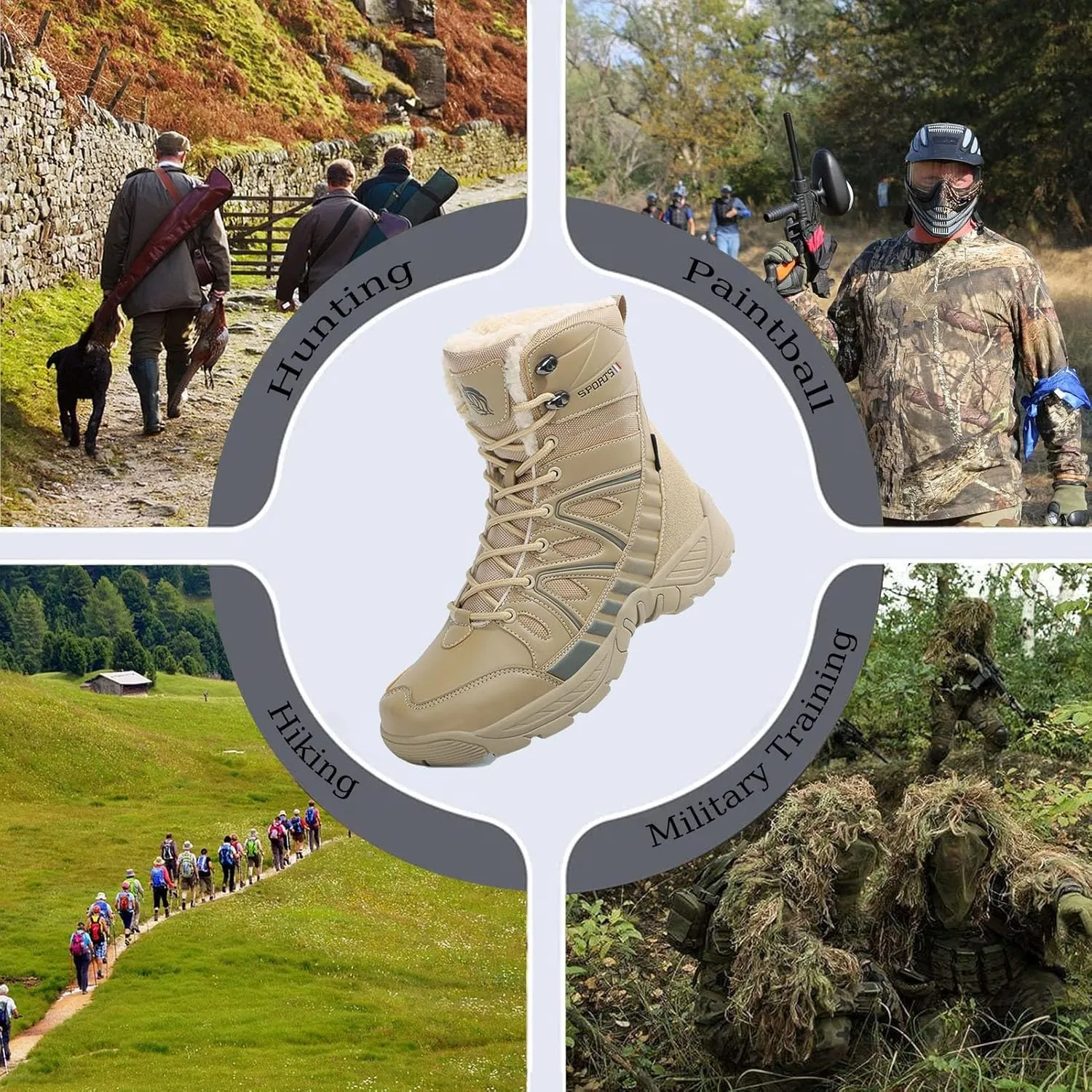 Winter Plush Warm Snow Tactical Combat Boots, Waterproof Anti-Slip High-Top Hiking Shoes, Military Leather Work Boots