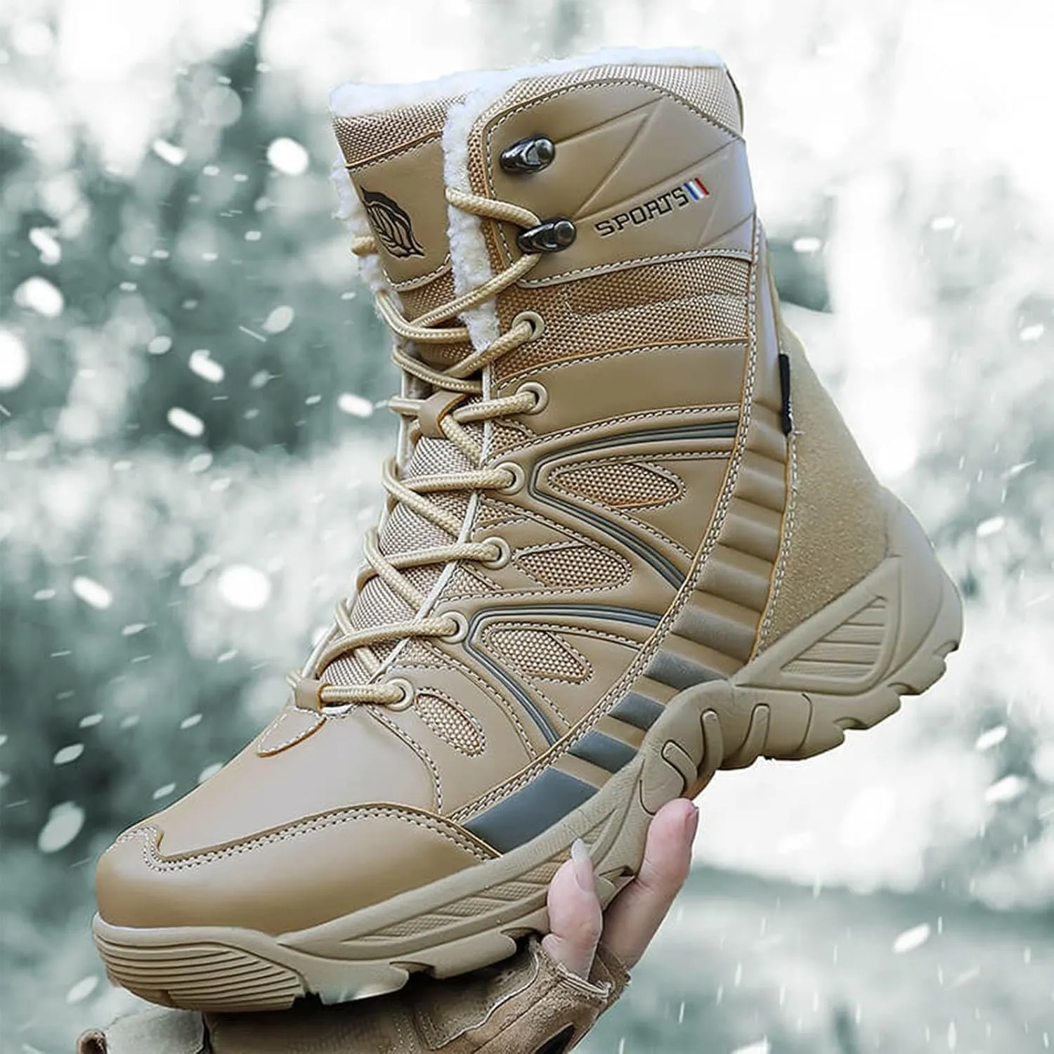 Winter Plush Warm Snow Tactical Combat Boots, Waterproof Anti-Slip High-Top Hiking Shoes, Military Leather Work Boots