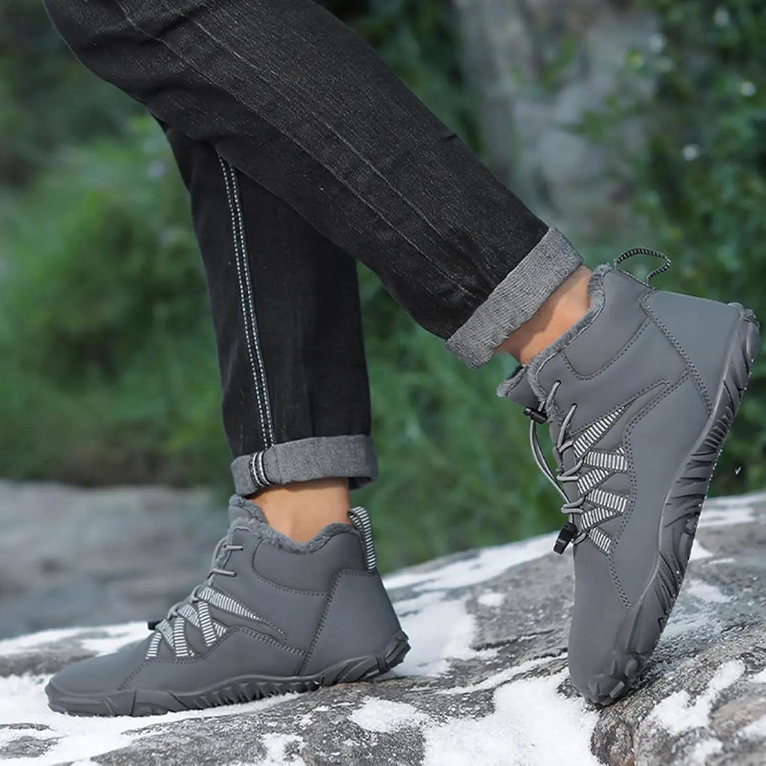 Winter Snow Ankle Boots Waterproof Warm Fur Lined Hiking Boot Zero Drop Sole Slip On Barefoot Shoes