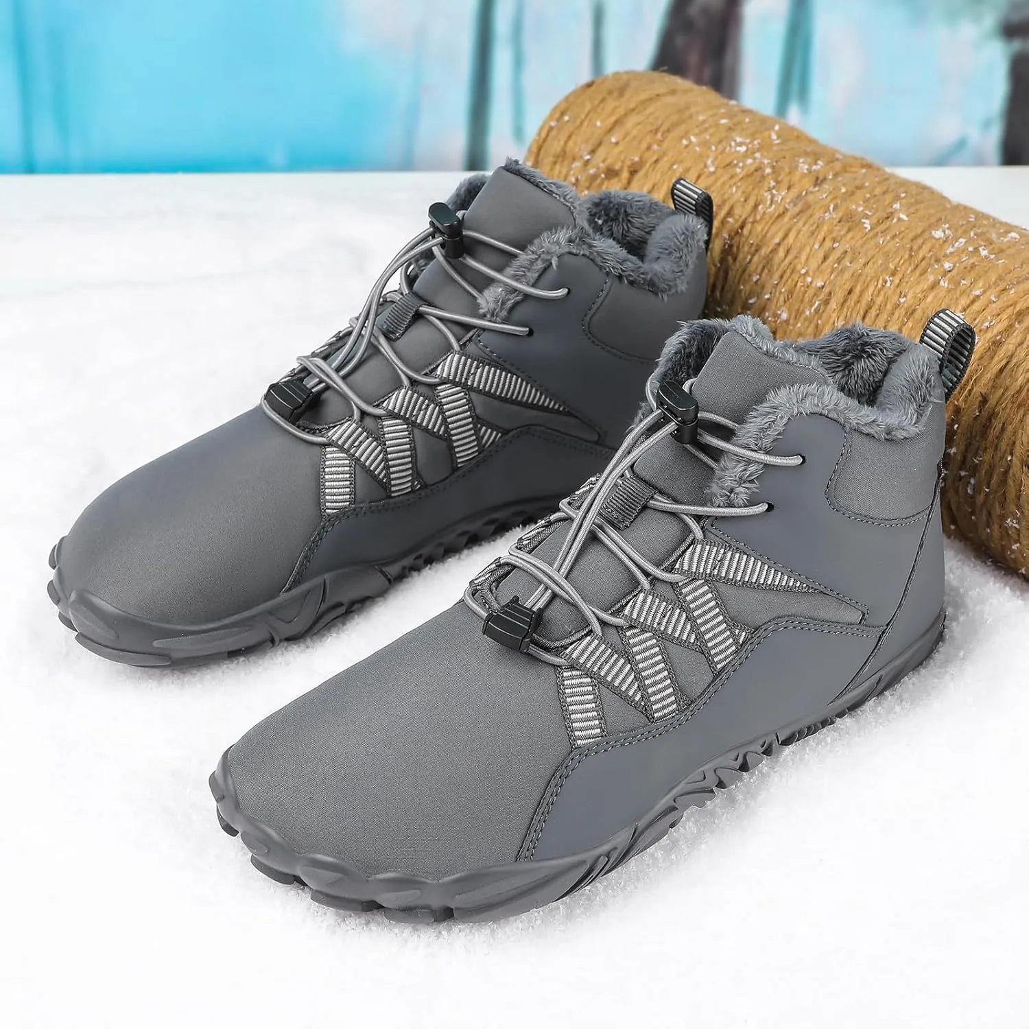 Winter Snow Ankle Boots Waterproof Warm Fur Lined Hiking Boot Zero Drop Sole Slip On Barefoot Shoes