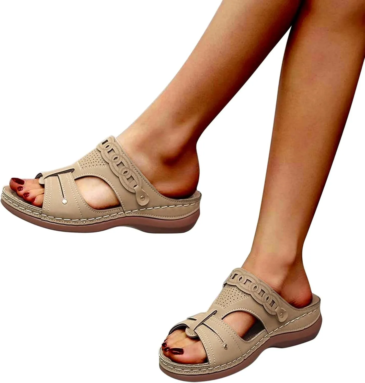 Women's Arch Support Sandals Summer Comfort Slip on Slides Casual Outdoor Walking Sandal Beach Shoes for Holiday