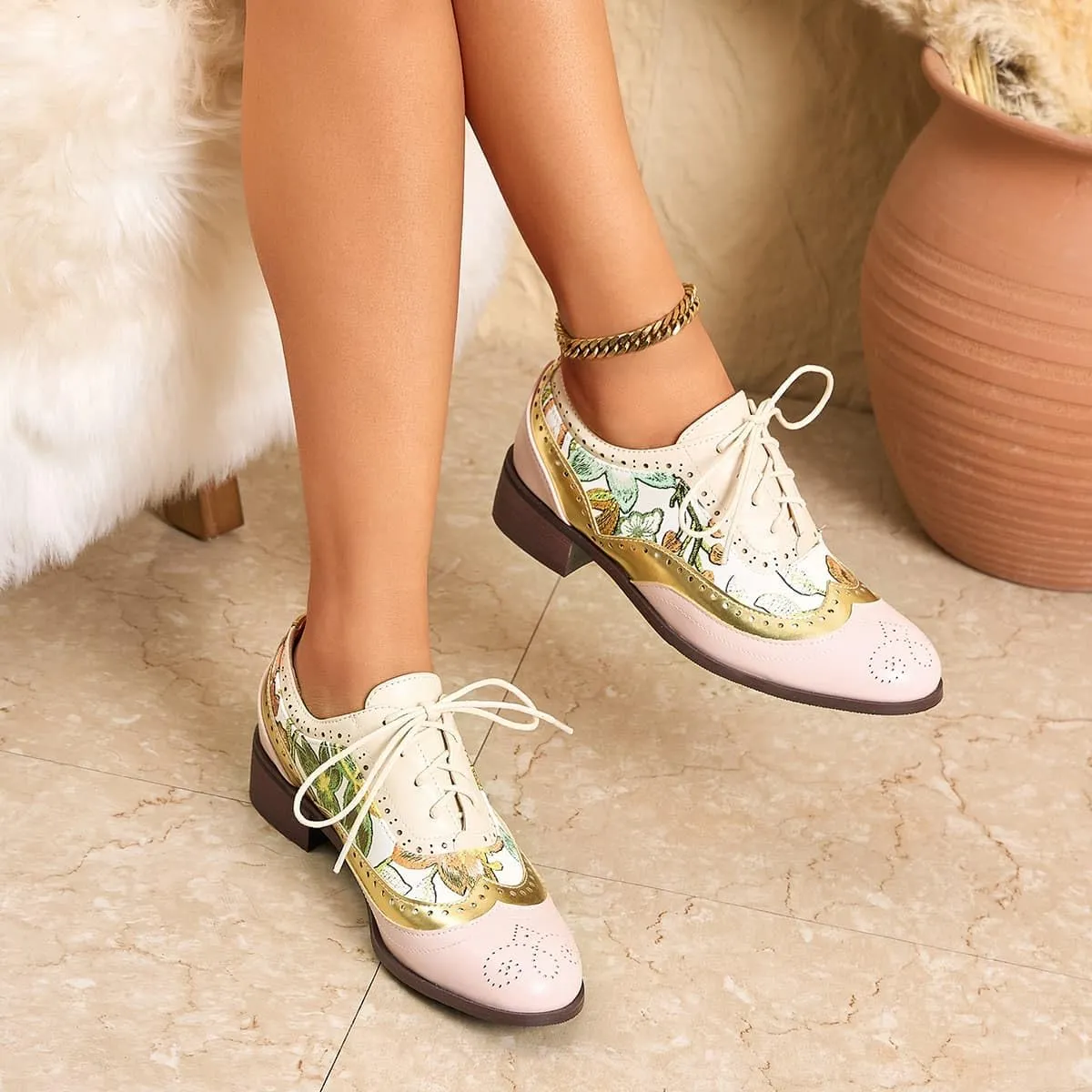 Women's Floral Oxford Brogue Chunky Heeled Two Tone Saddle Shoes