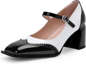 Women's Square Toe Chunky Heel Mary Janes Buckle Strap Wingtip Oxford Pumps Dress Shoes
