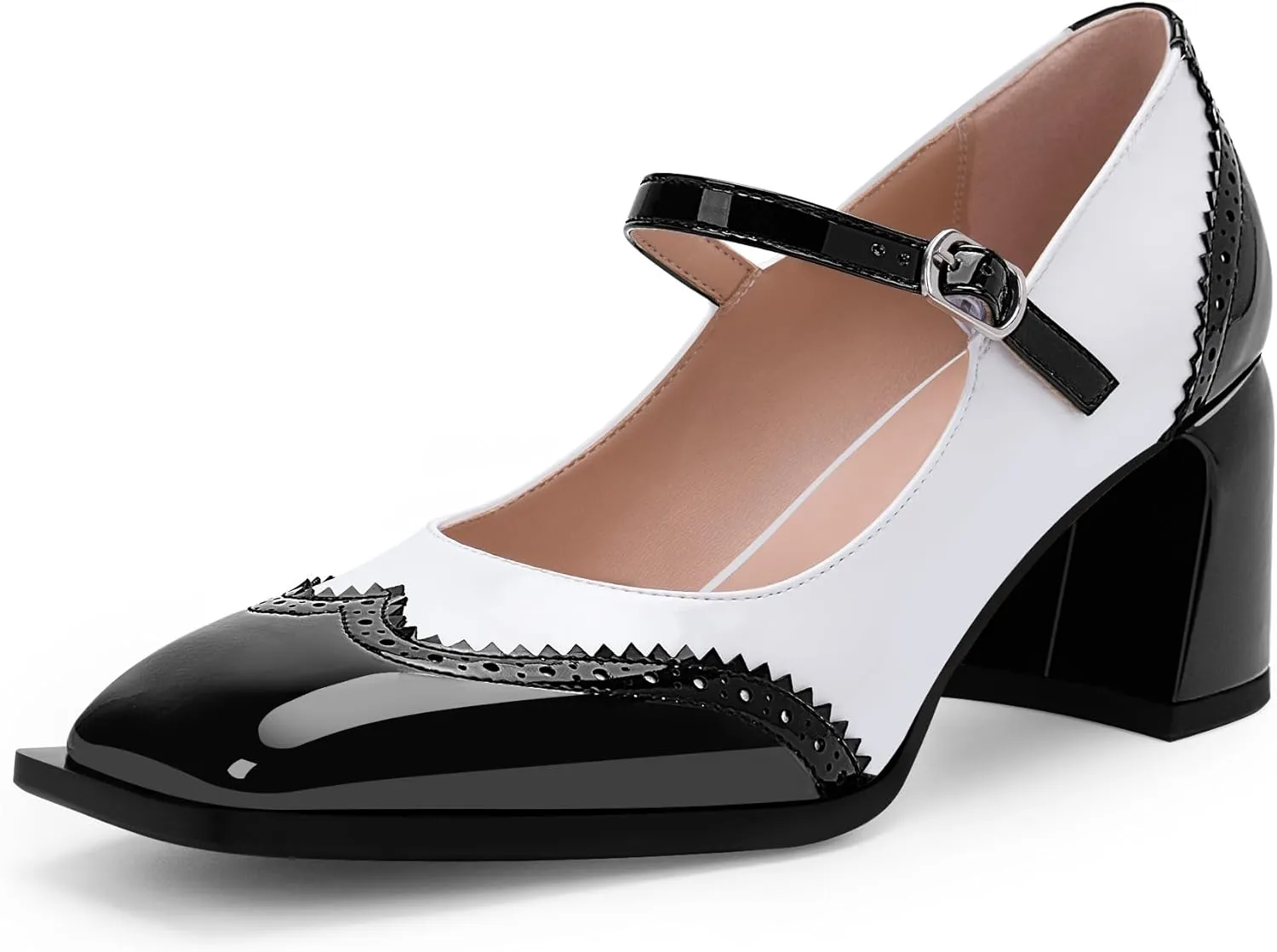 Women's Square Toe Chunky Heel Mary Janes Buckle Strap Wingtip Oxford Pumps Dress Shoes