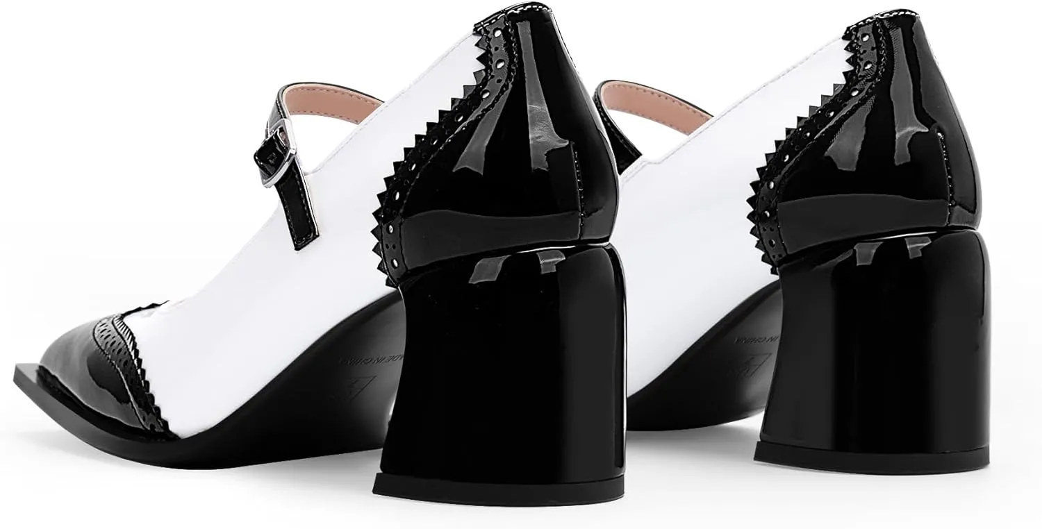 Women's Square Toe Chunky Heel Mary Janes Buckle Strap Wingtip Oxford Pumps Dress Shoes
