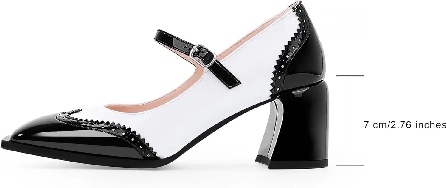 Women's Square Toe Chunky Heel Mary Janes Buckle Strap Wingtip Oxford Pumps Dress Shoes