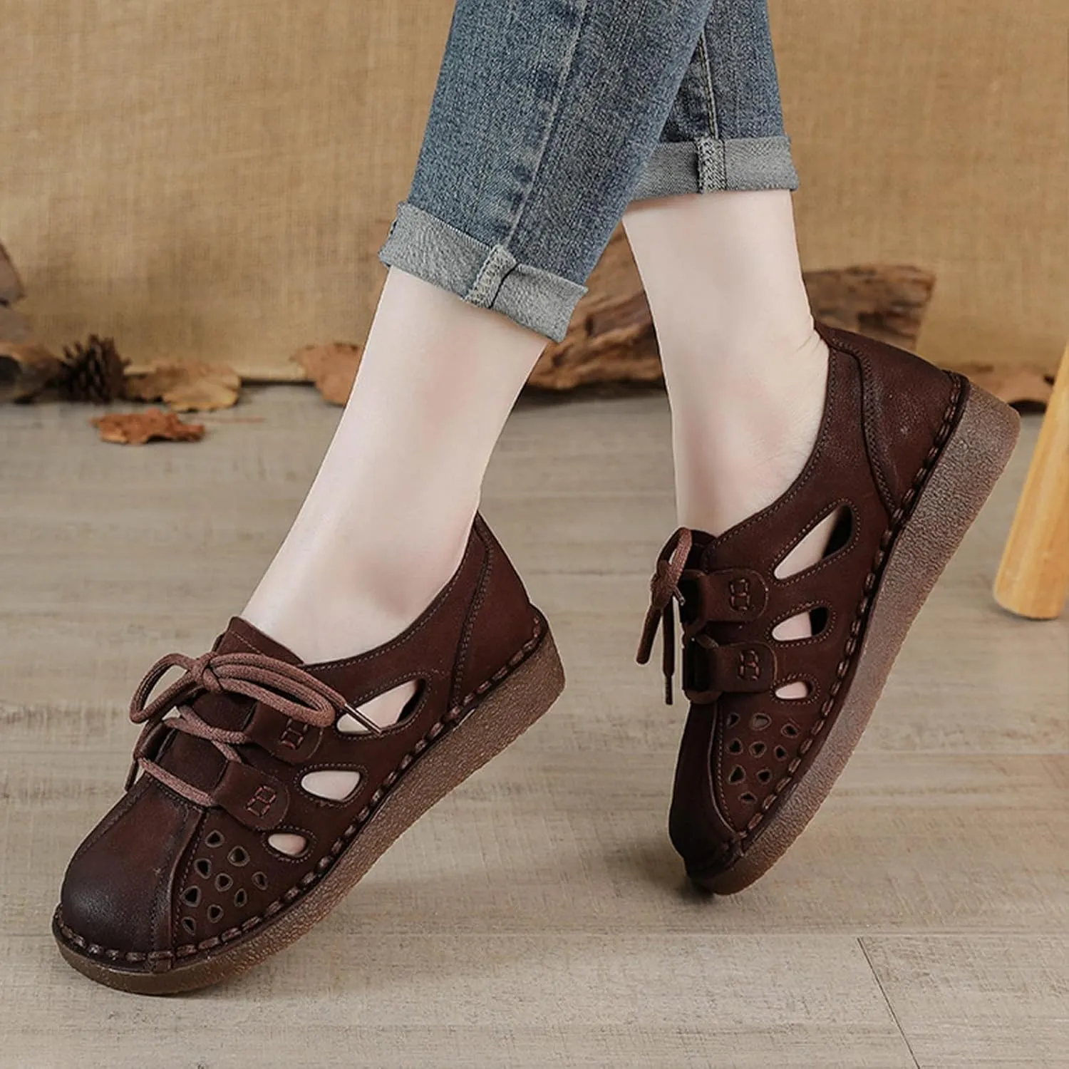 Women's Summer Oxford Shoes,Vintage Hand-Stitching Cutout Breathable Non-Slip Softsole Dress Casual Leather Shoes
