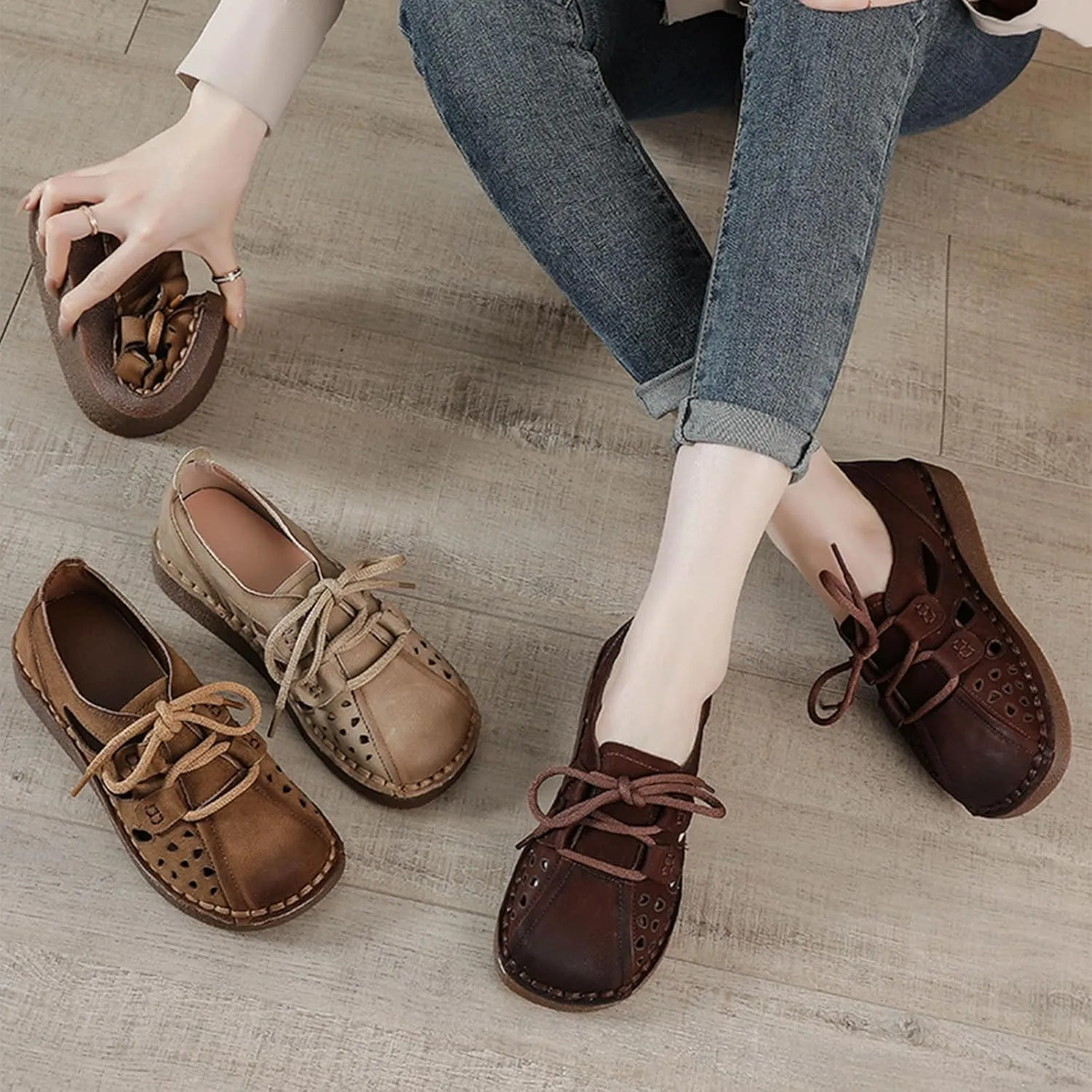 Women's Summer Oxford Shoes,Vintage Hand-Stitching Cutout Breathable Non-Slip Softsole Dress Casual Leather Shoes